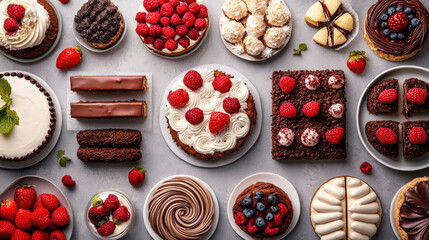 Aufkleber - Variety of delicious desserts including cakes tarts and pastries are beautifully arranged table. assortment features fresh berries chocolate and cream offering gluten free vegan and organic