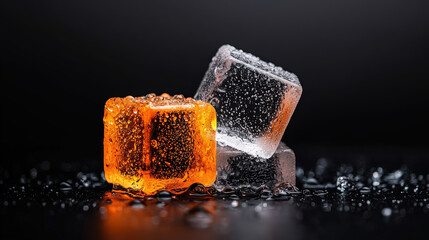 Poster - Beautifully arranged ice cube tray with freshly frozen cubes, one glowing orange, on dark reflective surface. contrast highlights vibrant colors and textures