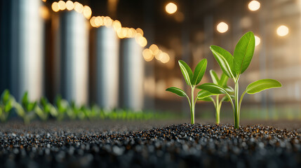 Aufkleber - Young green plants sprout from soil in industrial setting, symbolizing sustainable growth and bioenergy. blurred background features large metallic structures and warm lighting