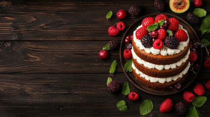 Aufkleber - Delicious layered cake topped with fresh raspberries, blackberries, and mint leaves, set on rustic wooden table. cake is made with sustainable ingredients and decorated beautifully