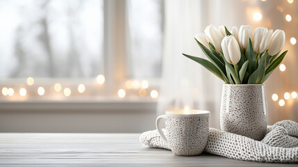 Poster - Charming ceramic flower vase with tulips and cozy mug on wooden table, set against softly lit window with bokeh lights, creating warm and inviting atmosphere