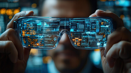 Fototapete - Person holds futuristic augmented reality glasses displaying digital data and interfaces, symbolizing advanced technology and innovation