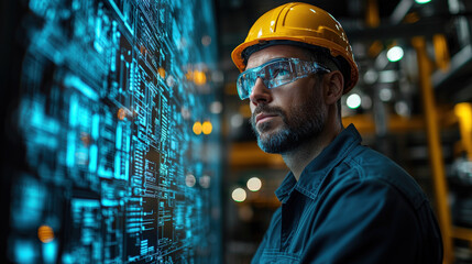 Poster - Focused engineer wearing yellow hard hat and safety glasses stands in front of large digital screen displaying complex data and circuit patterns in modern industrial setting