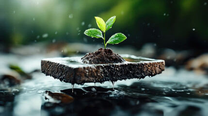 Poster - Small green plant sprouts from floating piece of soil, surrounded by water droplets, symbolizing growth and resilience in nature. vibrant green leaves contrast with dark, wet soil