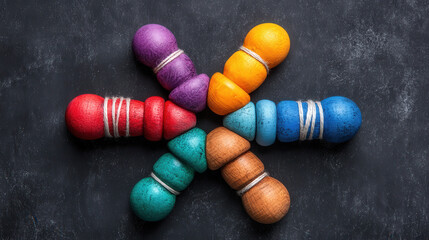Poster - Colorful wooden spools arranged in star shape on textured dark background, showcasing diversity and creativity. Each spool is wrapped with string, adding tactile element to composition