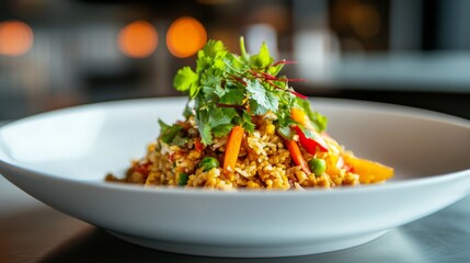 Poster - An artistic view of curry fried rice plated elegantly on a white dish, with a sprinkle of fresh cilantro and a side of pickled vegetables for added visual appeal.
