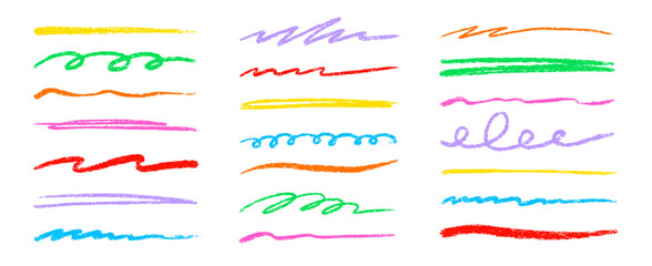 Poster - Line color pencil brush kid set. Color chalk pastel pencil underline scribble brush stroke set for kid design. Hand drawn wavy marker underline highlight element. Vector illustration