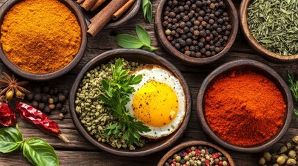 Poster - A beautifully arranged breakfast plate with fried eggs, garnished with fresh herbs on a rustic wooden table, inviting and appetizing