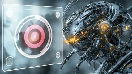 Poster - A highly detailed, futuristic robotic insect with glowing lights and intricate mechanical parts against a blurred background.
