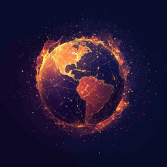 Poster - Fiery glowing Earth with digital network connections around Americas in polygonal low poly style on dark background illustration