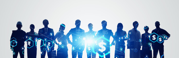 Aufkleber - Collage of multinational business people group and financial technology. Wide angle visual for banners or advertisements.