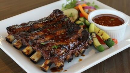 Aufkleber - A beautifully plated dish of pork ribs with a spicy rub, served with a side of grilled vegetables and a tangy dipping sauce, set against a modern dining backdrop.