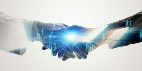 Aufkleber - Collage of engineers shaking hands and digital technology. Wide angle visual for banners or advertisements.