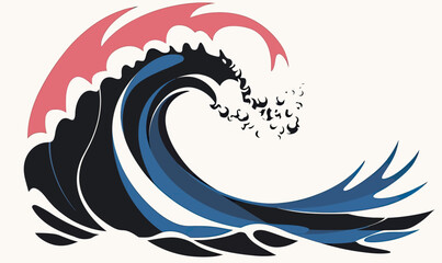 Poster - Abstract stylized ocean wave with red crest and black blue layers in flat minimalist vector design art for marine or water theme