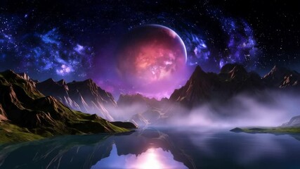 Wall Mural - Cosmic scene featuring a planet rising over rugged mountains reflected in a serene lake with stardust above