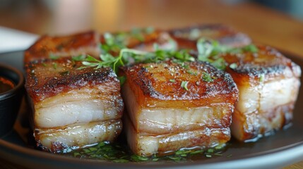 Aufkleber - A beautiful close-up of roasted pork belly served on a plate, garnished with herbs and accompanied by a dipping sauce, highlighting its rich texture