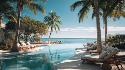 a pool with palm trees in the background and a beach in the distance