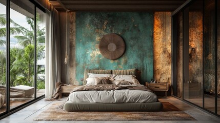 Aufkleber - A chic bedroom with a unique accent wall, plush bedding, and trendy decor, creating a stylish and personalized space for relaxation and rejuvenation