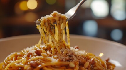 Poster - A close-up of a fork twirling spaghetti noodles coated in a rich pesto sauce, with a sprinkle of pine nuts and Parmesan cheese, set against a wooden table.