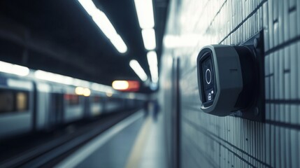 Poster - A close-up of a motion-detecting CCTV camera on the side of a public transportation station, with minimalistic design and clean surroundings