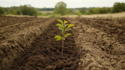Poster - A close-up of a small tree being planted in a rural field, with the roots being covered with soil, emphasizing environmental conservation and reforestation efforts.