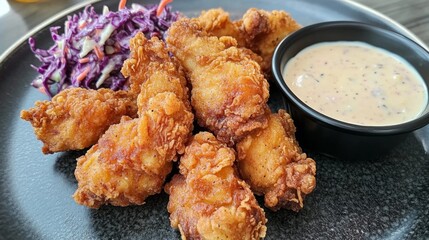 Poster - A close-up of crispy, golden-brown fried chicken pieces arranged on a plate, with a side of coleslaw and dipping sauce, capturing the delicious crunch.