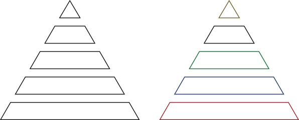 Levels of triangular pyramid icon set. Triangle pyramid chart collection. Maslow layer diagram. Development level infographic. Business graph. Vector illustration isolated on transparent background.