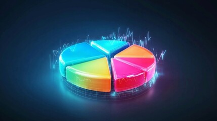 Poster - A colorful D pie chart with individual segments floating in mid-air, surrounded by a soft glow, symbolizing financial data distribution