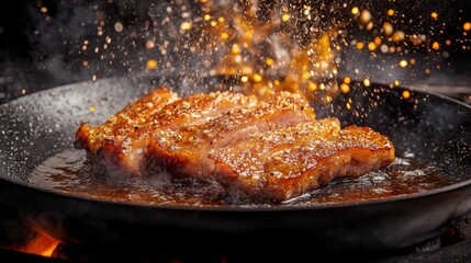 Poster - A dramatic shot of pork belly sizzling in a frying pan, with droplets of oil splattering, capturing the essence of a delicious cooking moment