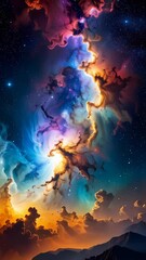 Wall Mural - Cosmic sky view of nebula formation above mountain range. Dramatic celestial fantasy space art featuring clouds and starlight.