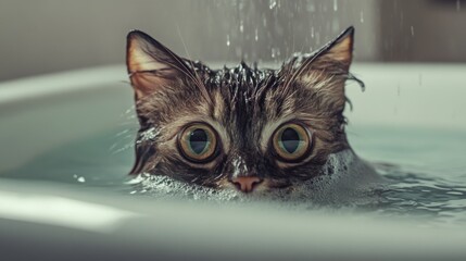 Poster - A dynamic shot of a cat's first bath experience, with a mix of curiosity and apprehension as it explores the bath environment, capturing the learning process.