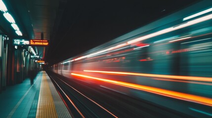 Aufkleber - A dynamic shot of a high-speed train entering a station, with motion blur capturing its speed and the anticipation of passengers waiting nearby