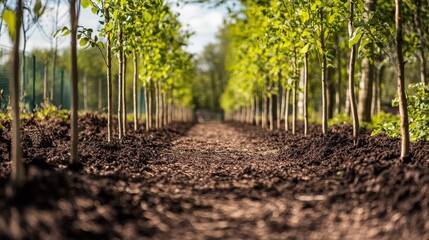 Poster - A forest path lined with young saplings, freshly planted in orderly rows, highlighting the harmony of human intervention in natural restoration