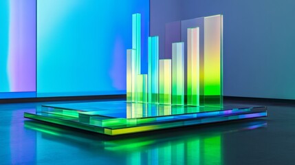 Poster - A futuristic bar graph with transparent bars glowing in shades of blue and green, hovering above a reflective surface, symbolizing financial trends