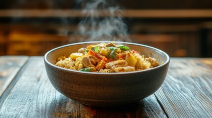 Poster - A high-resolution image of a bowl of curry fried rice with visible chunks of chicken, vegetables, and a dusting of curry powder, set against a rustic wooden table.