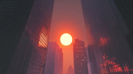 Poster - A high-resolution photo capturing the sun dipping below the horizon between two modern skyscrapers, with the city lights beginning to twinkle as the sky transitions from day to night.