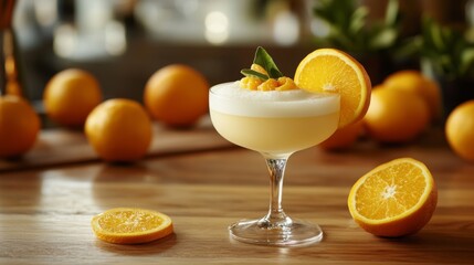 Poster - A high-resolution photo of whole oranges and a glass of  on a wooden table, with fresh oranges sliced and arranged to emphasize the natural freshness of the juice.