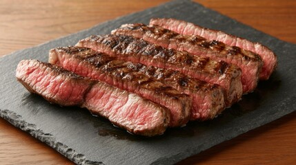 Poster - A juicy, medium-rare steak sliced into thin pieces, arranged on a slate platter, with the pink center and charred edges in clear detail