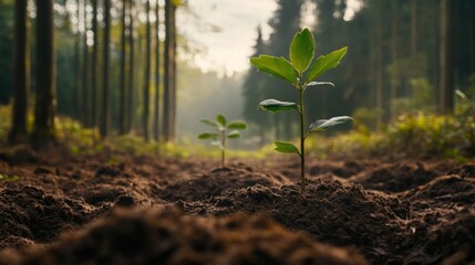 Poster - A lush forest clearing with freshly planted saplings surrounded by older trees, showcasing the progress of reforestation in a natural environment