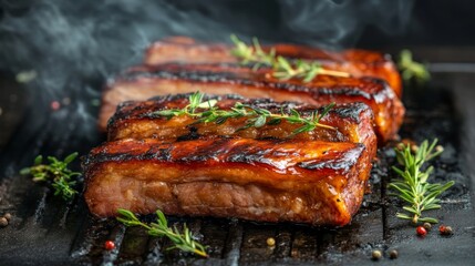 Poster - A mouthwatering image of pork belly slices marinated in spices, sizzling on a grill, with smoke rising and herbs scattered around for added flavor
