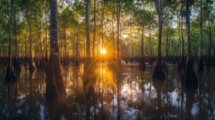 Poster - A picturesque mangrove landscape during sunset, with golden rays illuminating the trees and water, creating a tranquil and magical atmosphere