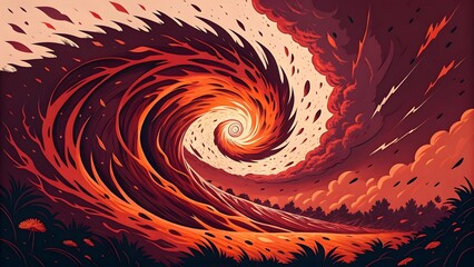 Poster - Fiery spiral vortex over a landscape with trees and flowers in a stylized illustration