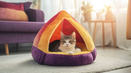 Poster - A plush, colorful cat bed shaped like a cave, placed in a cozy corner of a living room, inviting cats to snuggle and relax