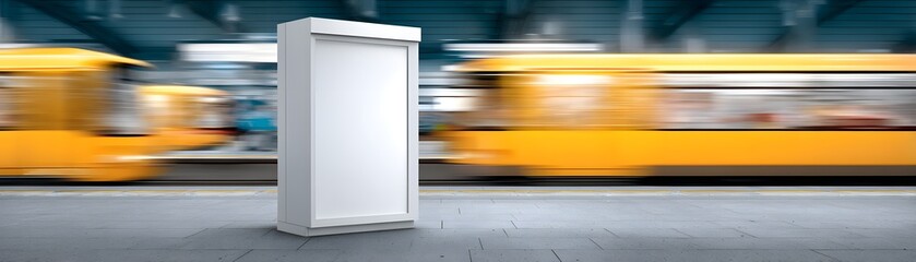 Poster - At a bustling subway station, a clean, blank white mock-up billboard stands out against the urban backdrop, offering copyspace for digital media campaigns. This prime advertising space targets