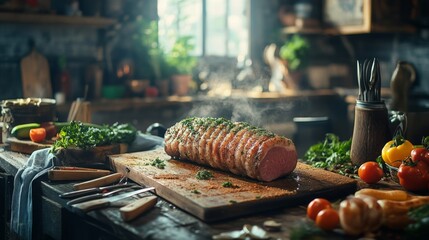 Poster - A rustic kitchen scene with a whole pork tenderloin being seasoned and prepared on a wooden countertop, with fresh vegetables and cooking utensils nearby.