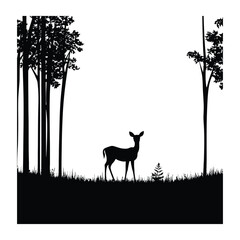 a deer standing in a forest is a black-and-white silhouette vector designed for t-shirts, mugs, post