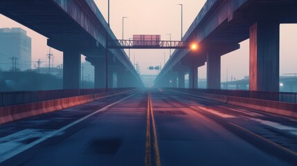 Aufkleber - A serene image of an empty expressway during early morning hours, with soft, diffused light and minimal traffic, capturing the calm before the day begins.