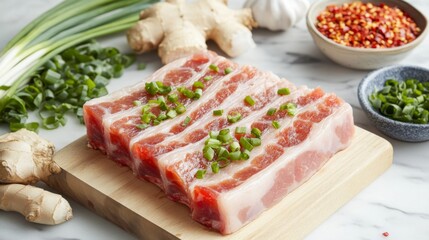 Poster - A striking composition of pork belly pieces marinating in a flavorful sauce, surrounded by fresh ingredients like garlic, ginger, and green onions