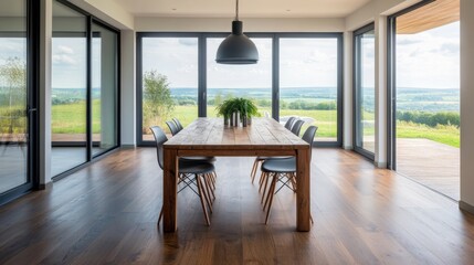 Poster - A stylish minimalist dining area featuring a wooden table, minimalist chairs, and a simple centerpiece, with large windows offering a view of a green landscape