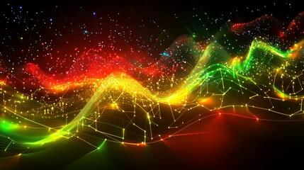 Poster - A vibrant D stock market graph with interconnected nodes and lines showing a steep upward trend, set against a high-tech, glowing background